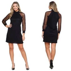 Nina Leonard Sheer Lace Overlay Mock Neck Sheath Dress Sz L Black Long Sleeve